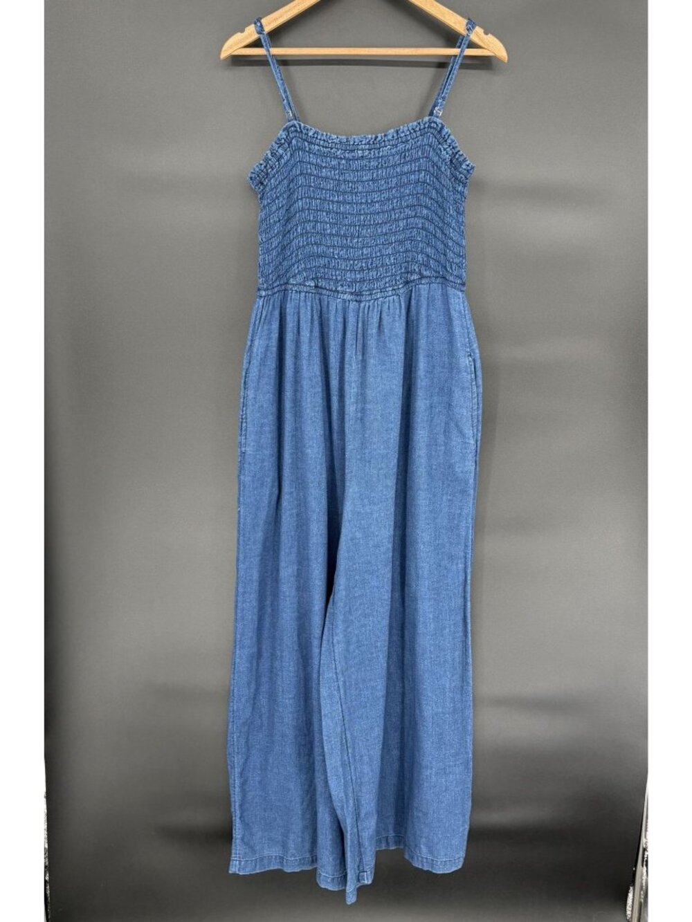 Pilcro Women's Smocked Chambray Wide Leg Jumpsuit L Blue Cotton Boho Artsy